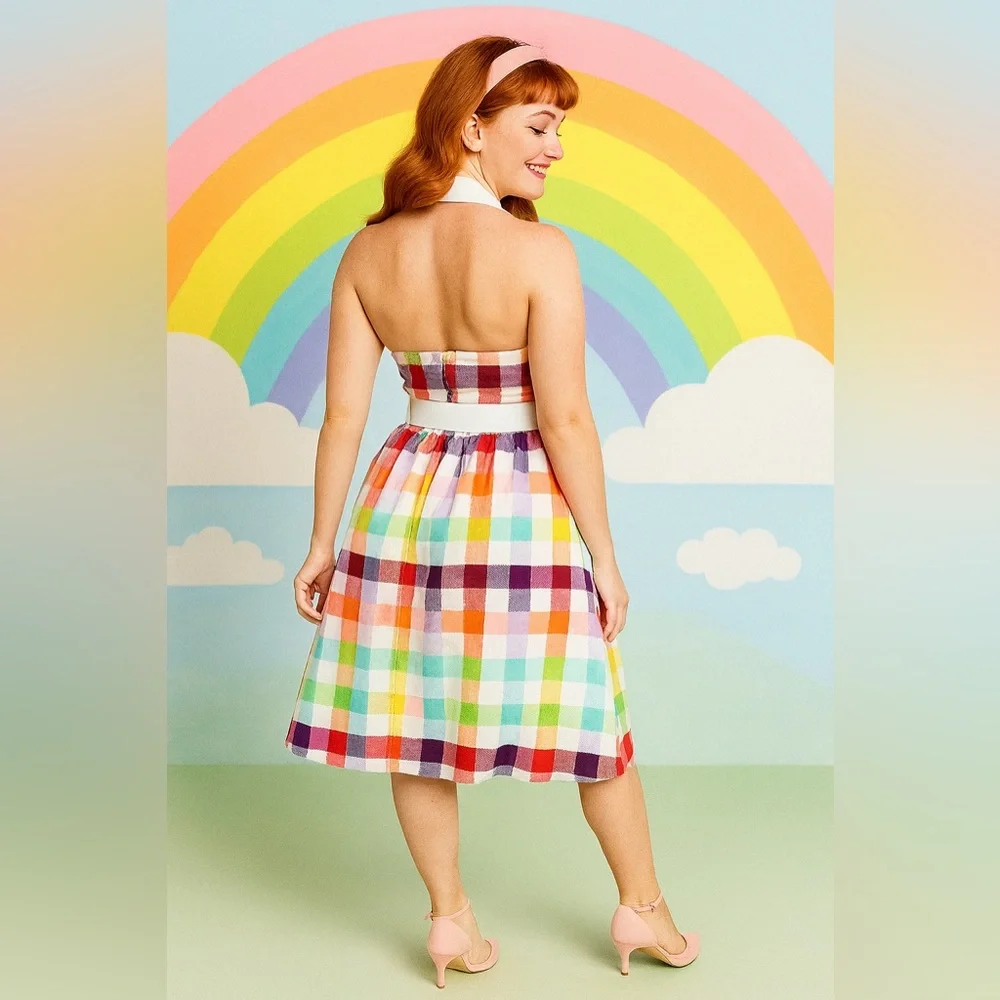 Unique Vintage Collectif Rainbows Over Hollywood Gingham Halter Swing Dress, NWT - Picture 5 of 16